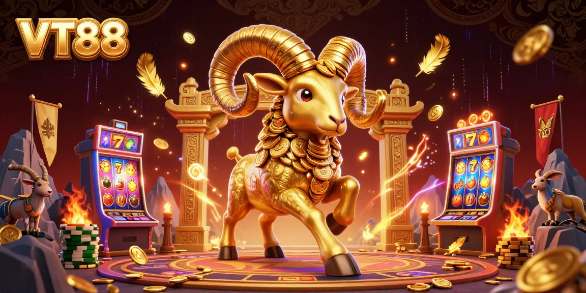 VT88 showcases a golden ram charging through a slot game arena, highlighting action-packed casino excitement.