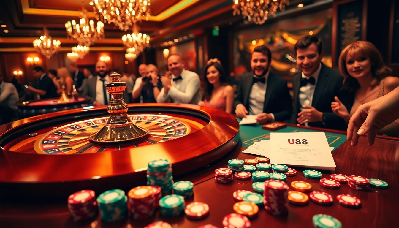 Experience thrilling gambling action at U88 casino with roulette, poker chips, and eager players.