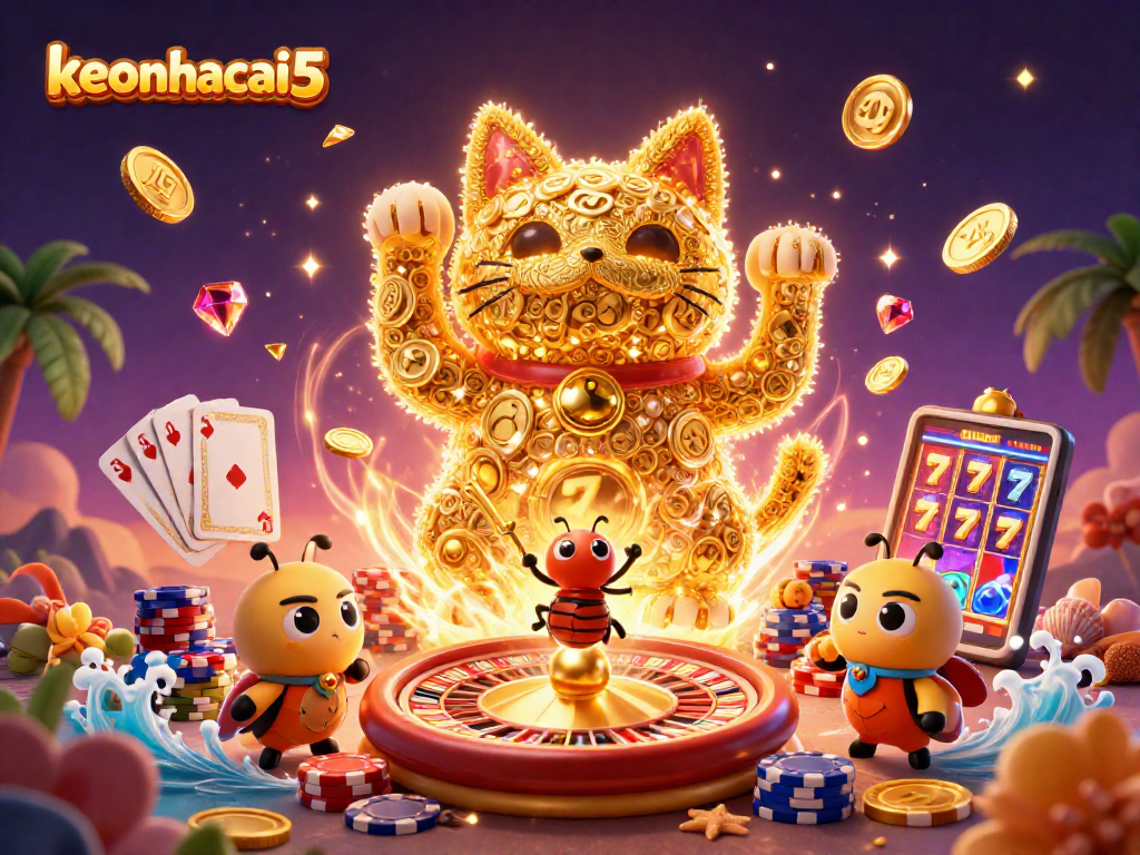 Engage with keonhacai5 as golden fireflies and a lucky cat bring casino excitement alive!