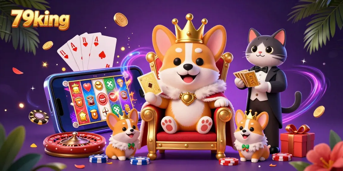 Engage with 79king's vibrant 3D illustration showcasing an exciting gaming scene featuring a royal corgi, smartphone, and poker elements.