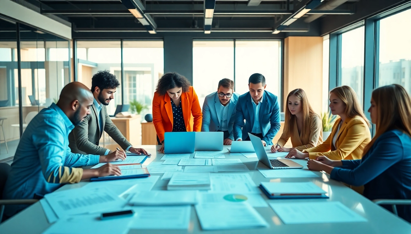 Collaborating on Contract Management in a modern office environment with diverse professionals.