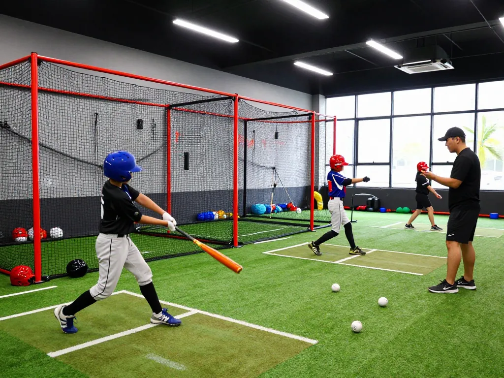 Hitclub training scene with young athletes practicing in vibrant indoor batting cages.