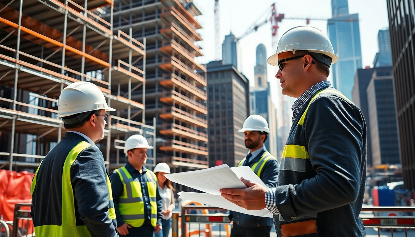 Manhattan Commercial General Contractor managing a vibrant construction site with city skyline backdrop.
