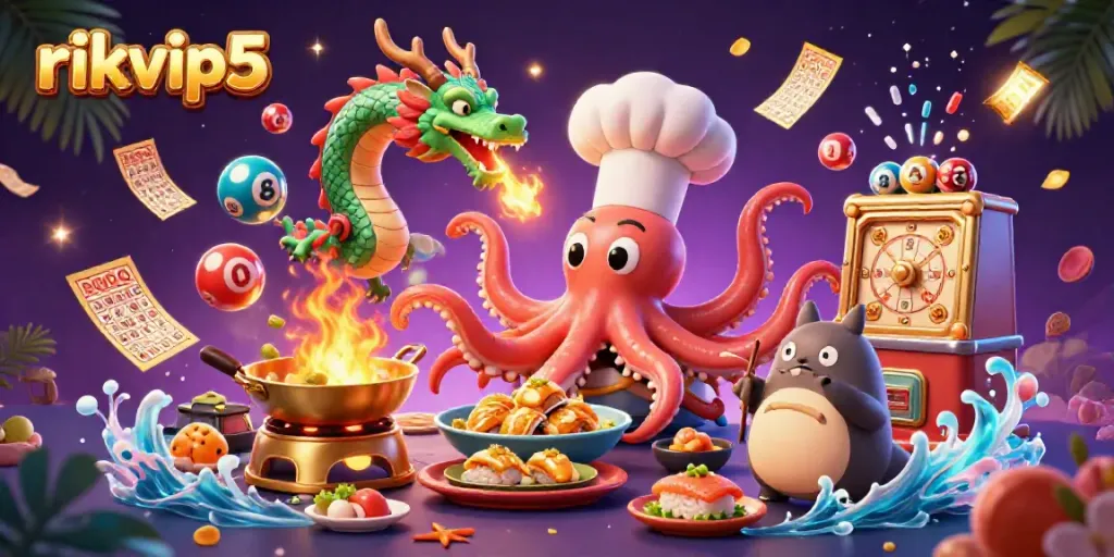 Engage with rikvip5's vibrant illustration as a sushi chef octopus and dragon dominate a dynamic gaming scene.
