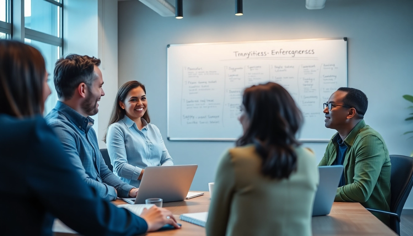 Engaging business coaching near me session with diverse entrepreneurs in a vibrant office environment.