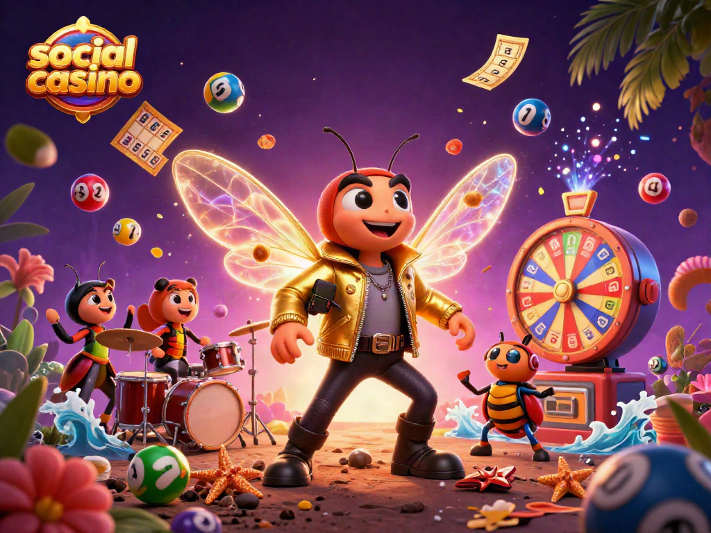Engage in the exciting world of social casino with a vibrant scene of a cicada rock star and colorful game elements.