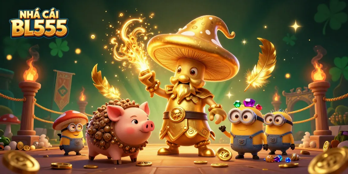 Engage with NHÀ CÁI BL555 through a vibrant 3D illustration showcasing magic and treasures.