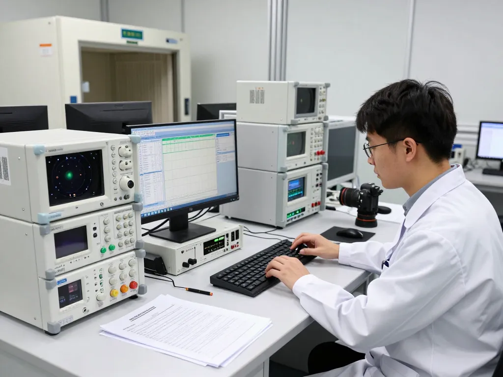EMC compliance testing with an engineer analyzing data for a declaration of conformity.