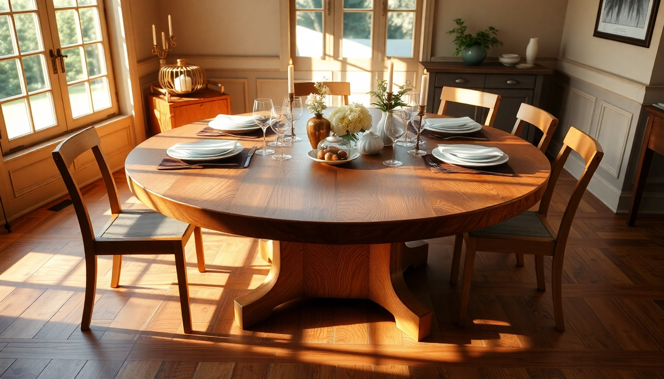 Round dining table made from solid American hardwood, elegantly set with dinnerware and candles.