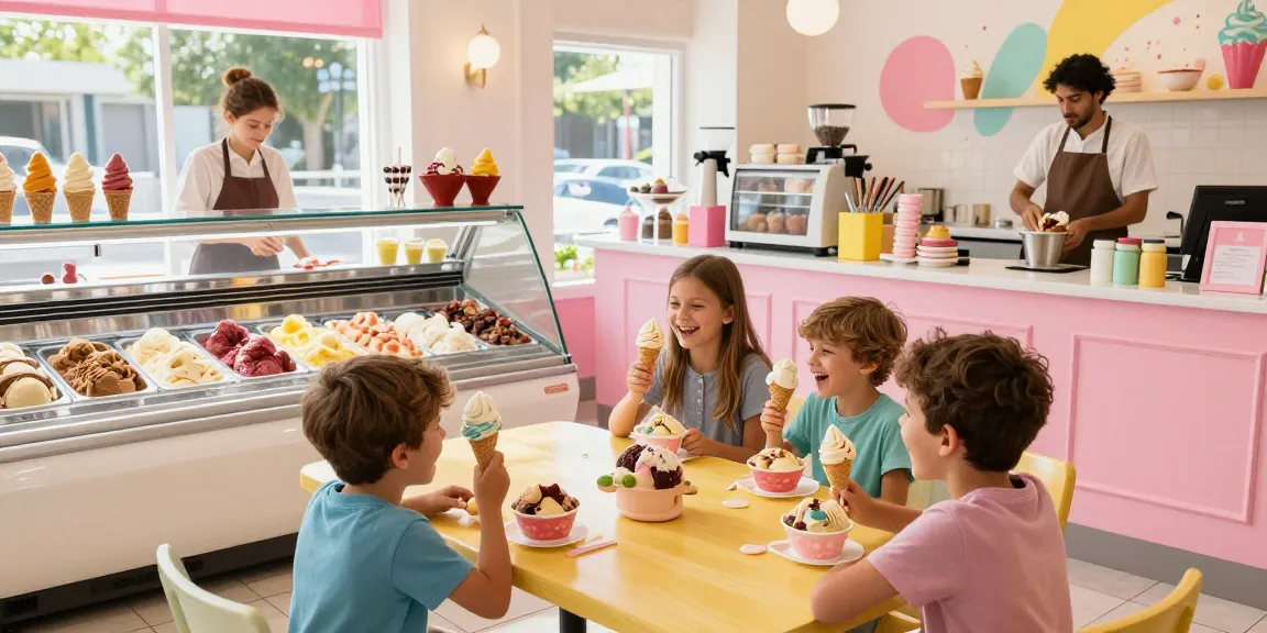 Delightful rokok88 ice cream shop scene with families enjoying colorful ice cream creations.