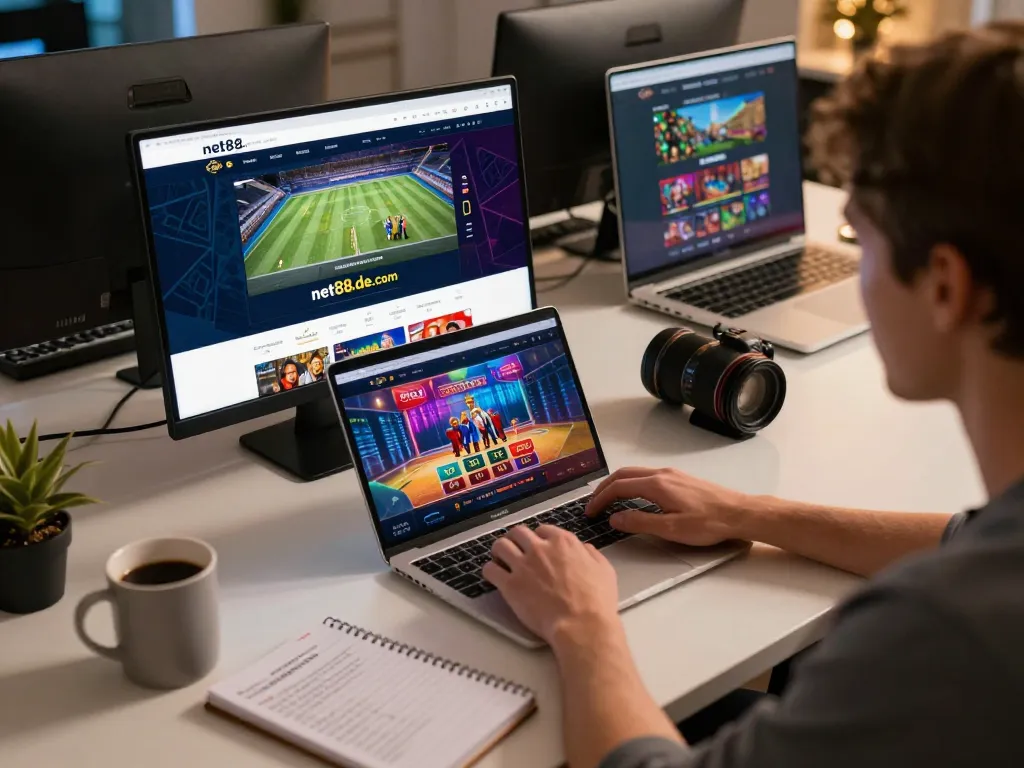 Engaging with net88.de.com for online betting strategies at a modern desk setup