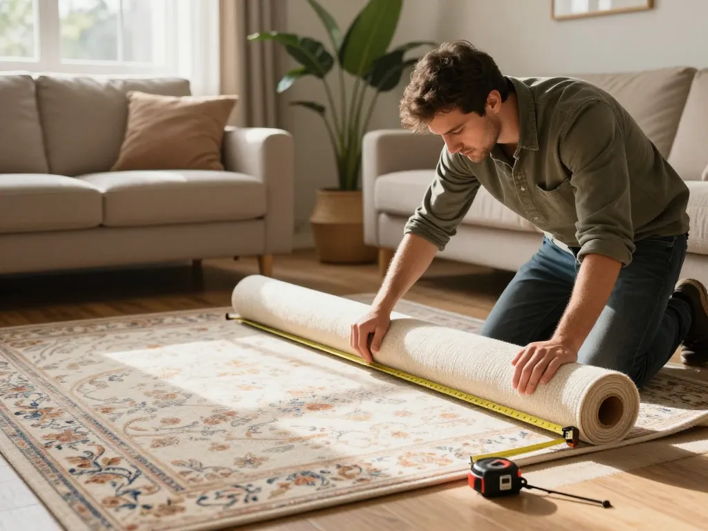 Skilled carpet fitters near me working in a cozy living room to install premium carpet.