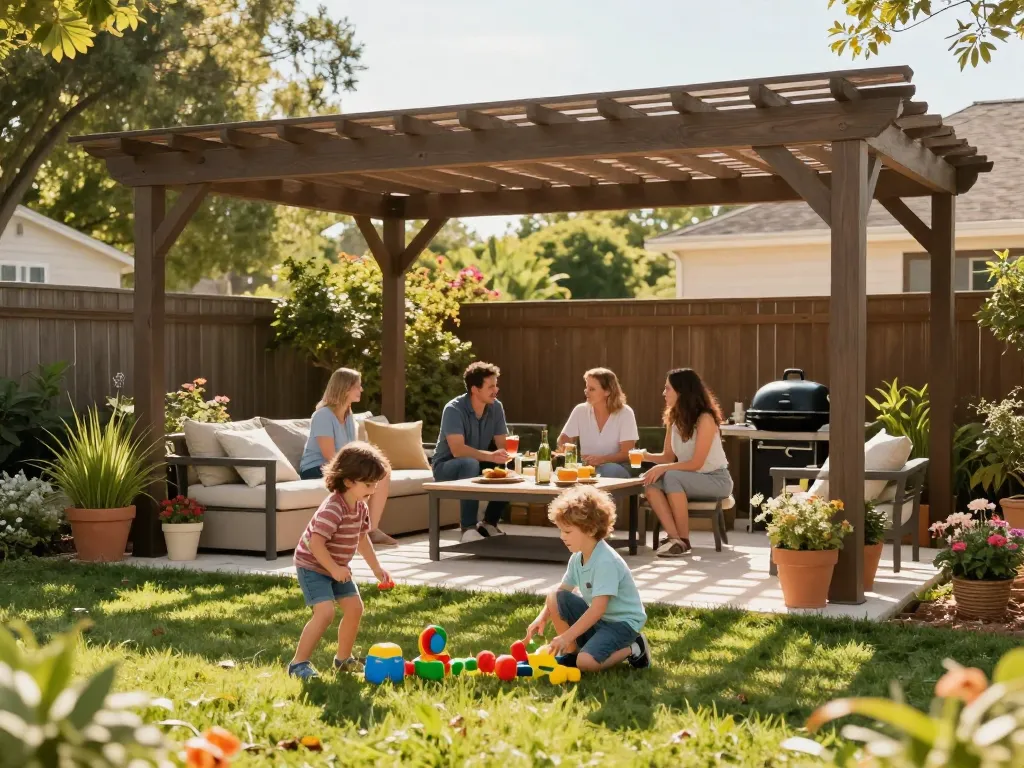 Custom pergola configurator showcasing a family enjoying a sunny backyard under a stylish pergola.