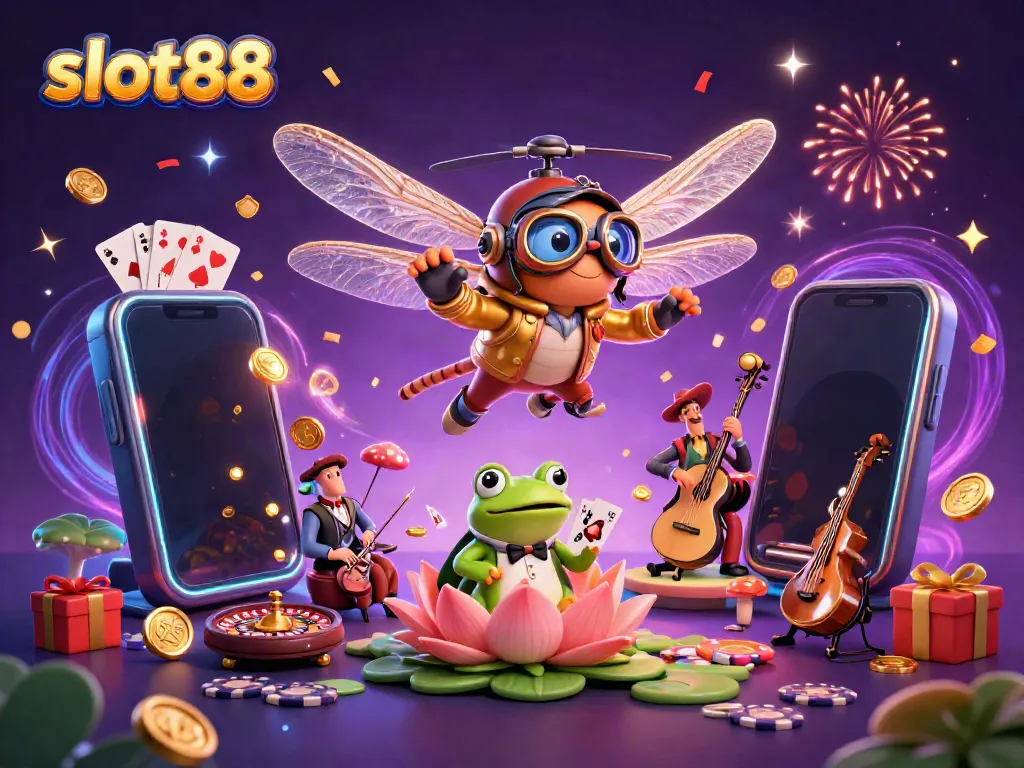 Permainan slot88 menampilkan karakter terbang dengan latar belakang kasino yang ceria dan penuh aktivitas.