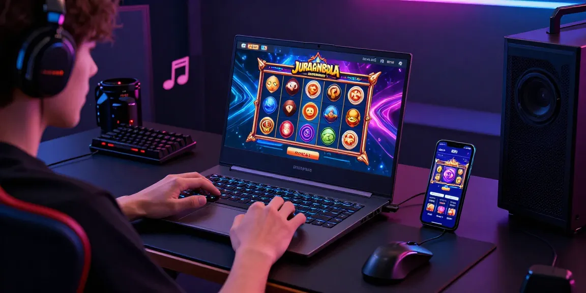JURAGANBOLA gaming platform displayed on a laptop in a vibrant digital setup, highlighting immersive online slot experiences.