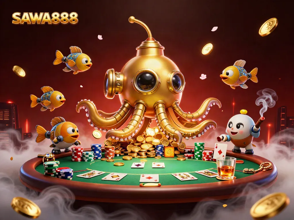 Experience richness with SAWA888's golden kraken submarine amidst a vibrant poker scene.