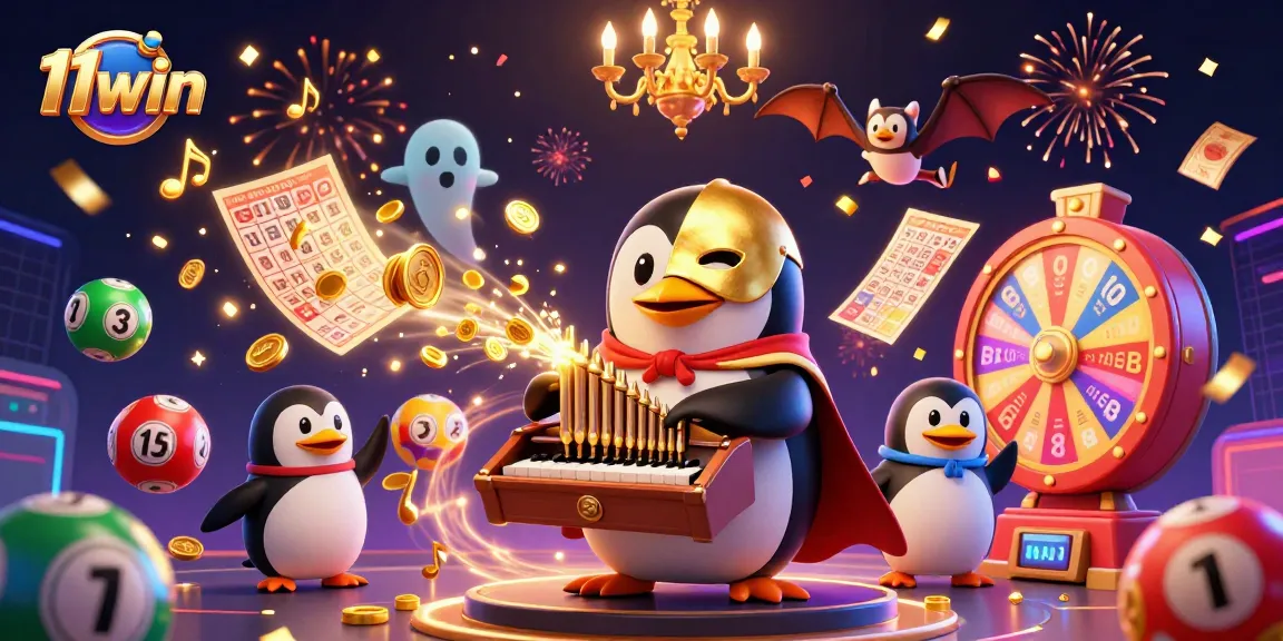 Engaging illustration showcasing 11win with a penguin playing an organ, surrounded by lottery elements.