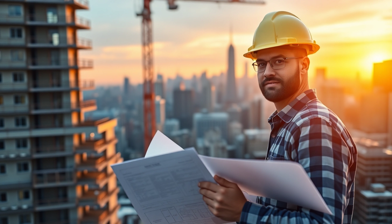Manhattan General Contractor overseeing a construction site with blueprints against a skyline.