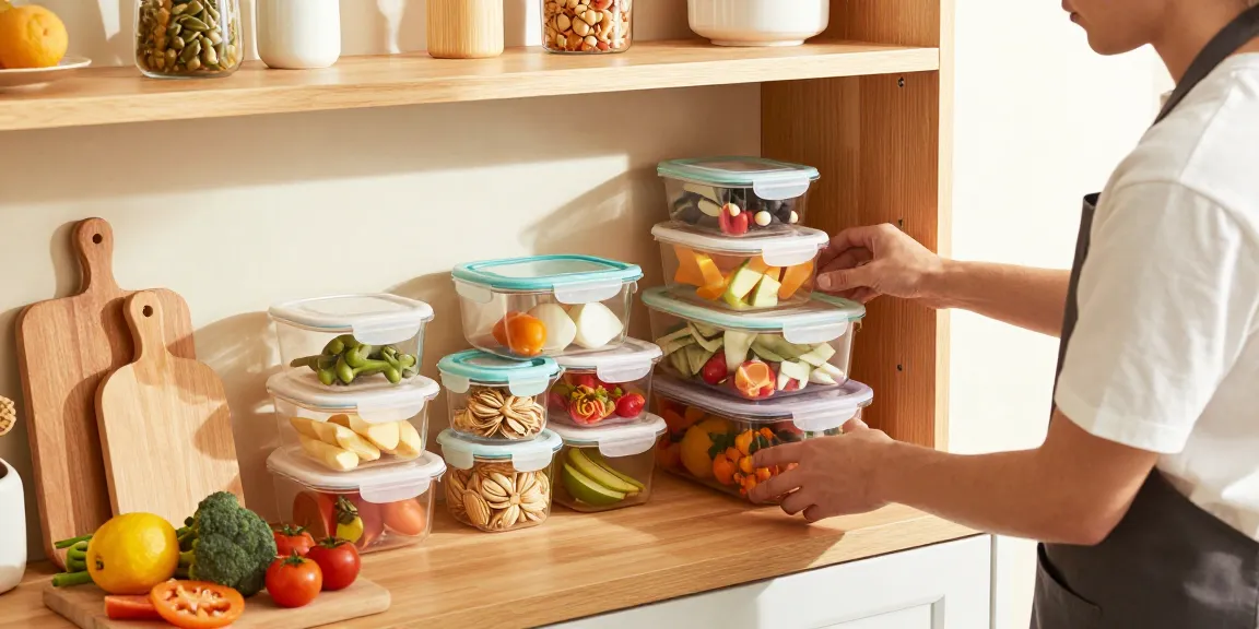 Food storage containers with lids organized beautifully on a shelf in a sunny kitchen.
