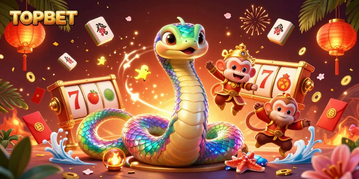 TOPBET casino illustration featuring a rainbow serpent, monkey king, and gaming elements for a captivating experience.