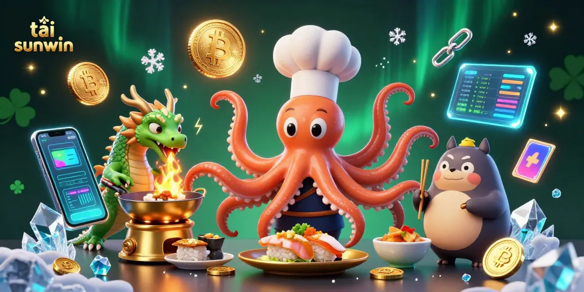 Engage with tải sunwin through a vibrant 3D casino scene featuring an octopus chef and a dragon companion.