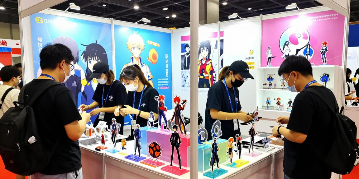 Colorful custom acrylic stand showcasing anime characters at a vibrant trade show booth, engaging customers.