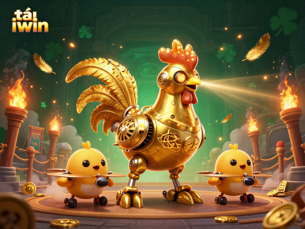 Tải iwin with a golden rooster robot and baby chick drones in a dynamic casino scene.