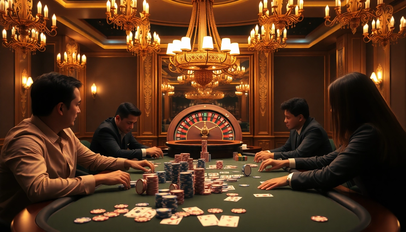 Players strategizing at a high-stakes poker table in a luxurious environment at https://kong88.win with roulette wheel and poker chips.