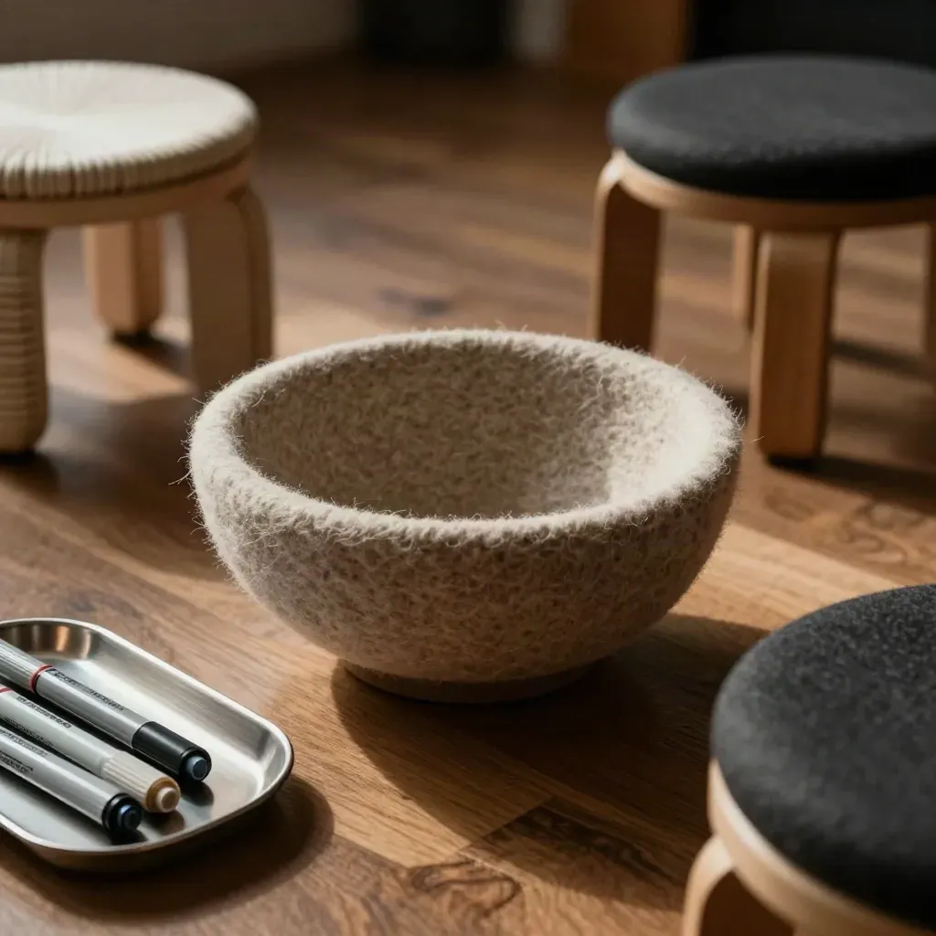 Macro of a workshop circle with felt bowl, capped markers, and low stools in warm light.