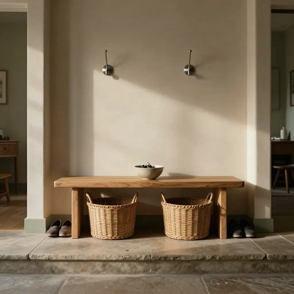 Serene entry hall with baskets, bench, hooks and key bowl in warm late-afternoon light.