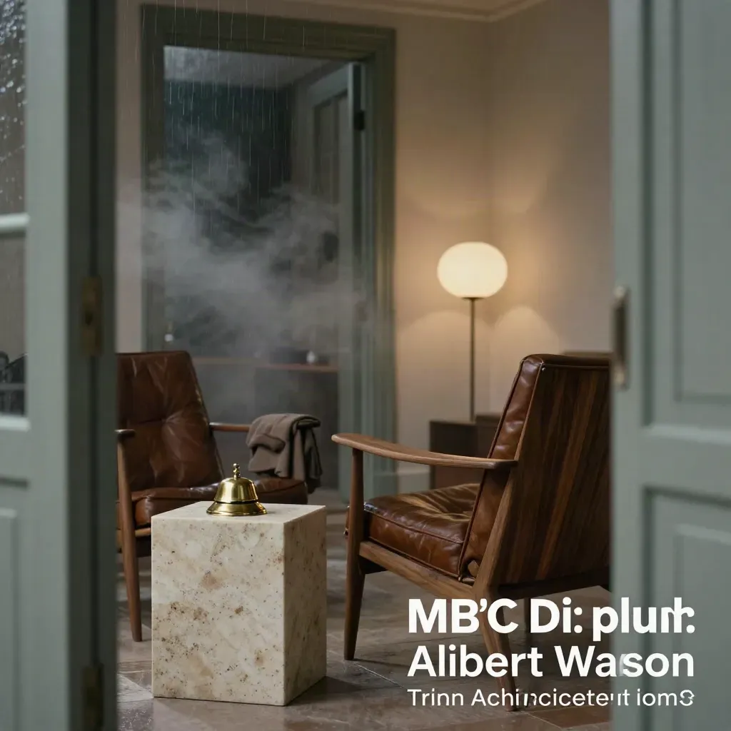 Moody mediation lounge with walnut chairs, travertine table, brass bell and rain mist.