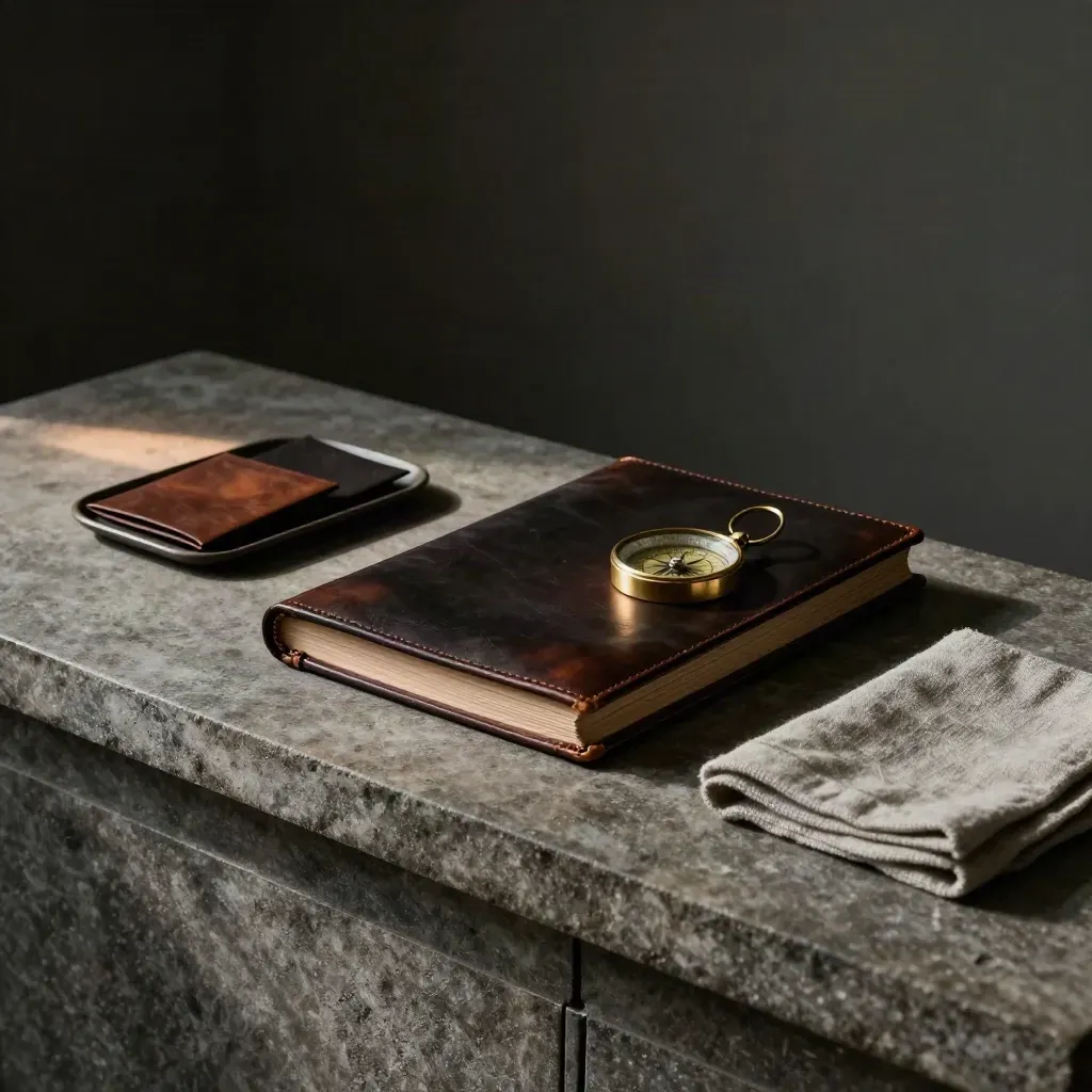 Leather folio, brass compass, and sealed card sleeves on stone in moody low light.