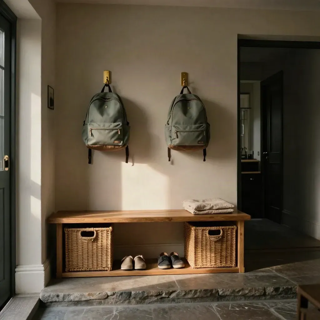 Empty hallway with bench, hooks, and woven baskets in soft morning light
