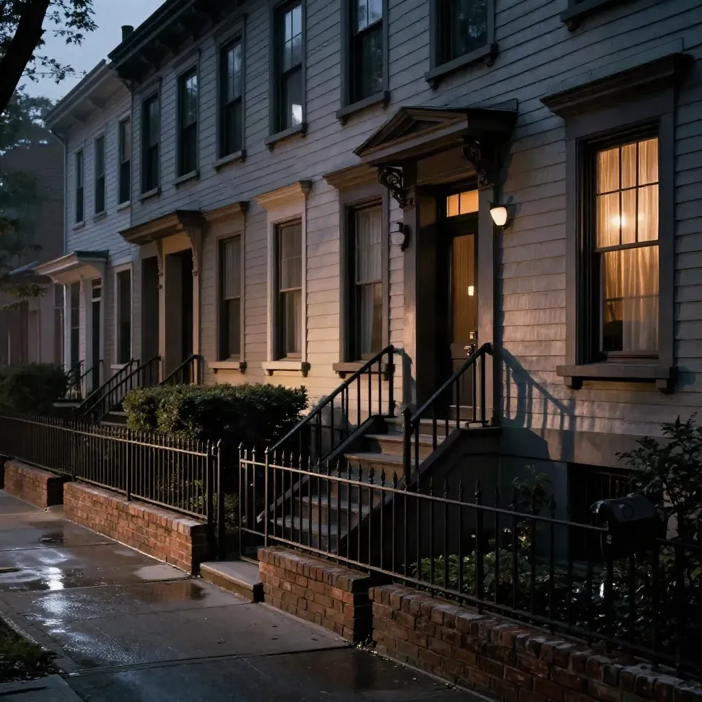 Quiet townhouse porches and iron fence at dusk, warm lights glowing in humid mist.