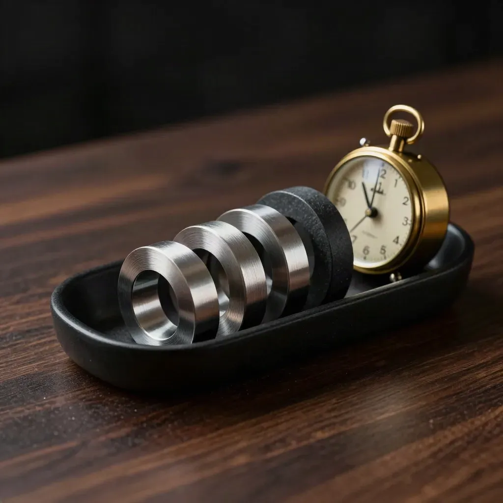 Brass timer and aluminum role tokens in a matte black tray on walnut, dramatic side light