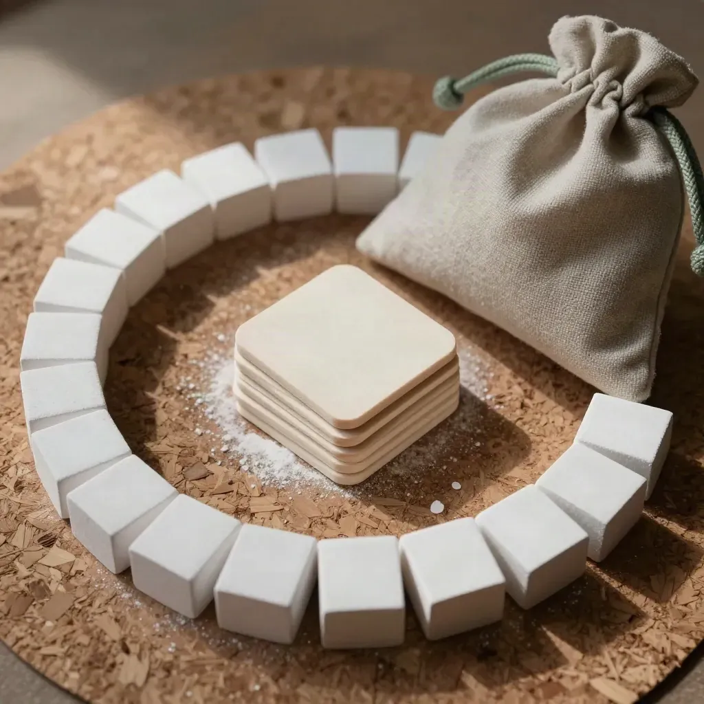 Top-down macro of chalk ring, birch discussion chips, and linen pouch on a cork mat