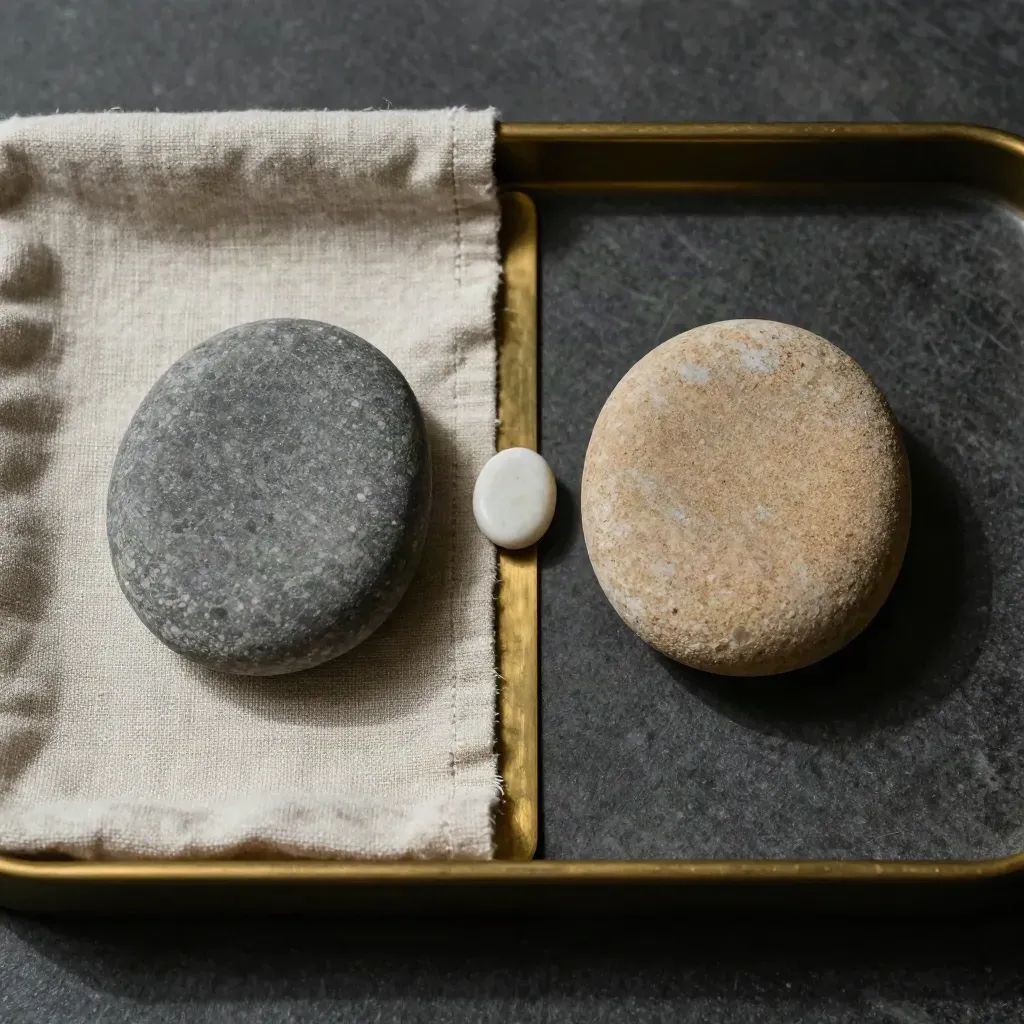 Two river stones split by brass on a linen tray, calm mediation still-life with sage accents.