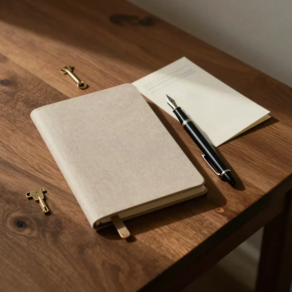 Closed linen notebook, fountain pen, brass clip, and face-down recap card on warm walnut with soft light