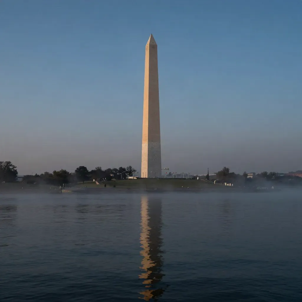 Washington Monument above a hazy Potomac at blue hour, calm water below