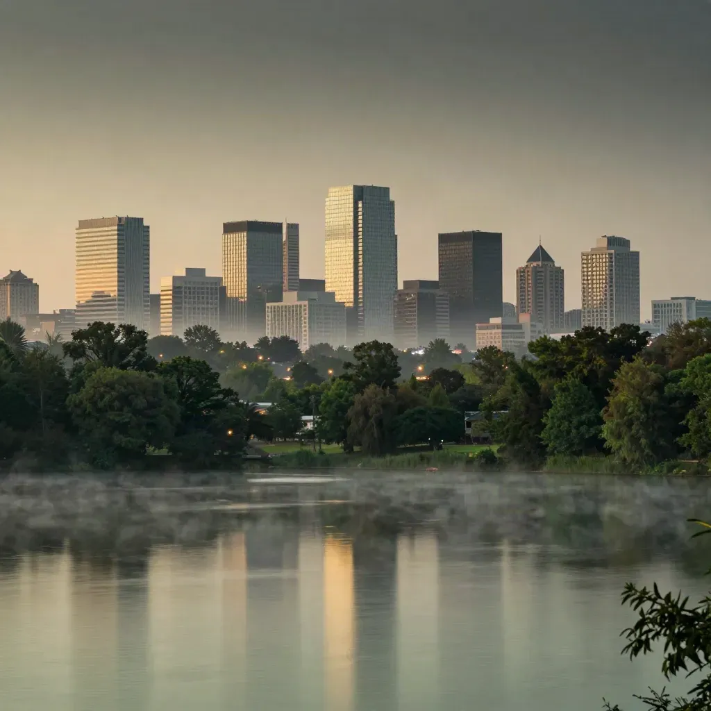 Reston-like skyline beyond a foggy lake at sunrise, with fading town lights and calm open water