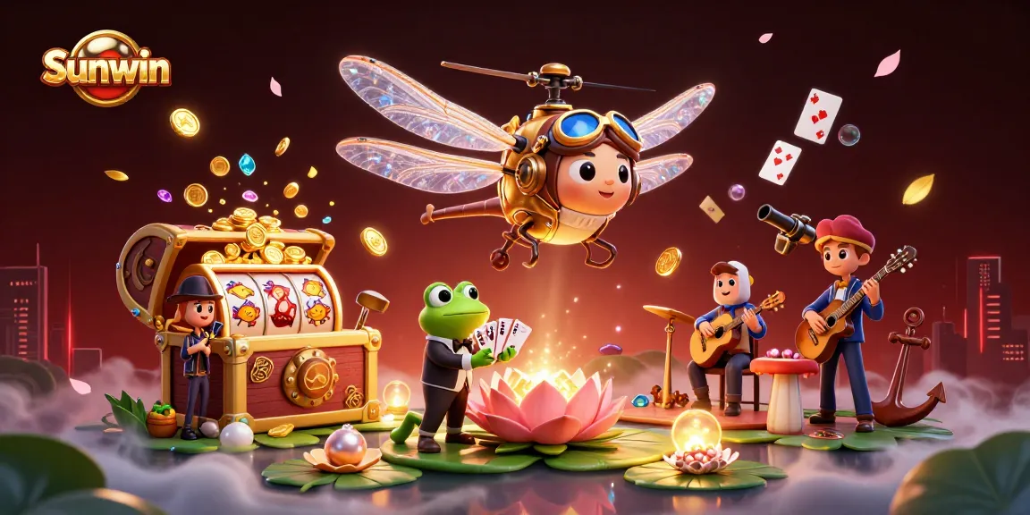 Experience exciting gameplay at Sunwin with a dragonfly pilot, frog dealer, and jazz musicians in a vibrant casino scene.