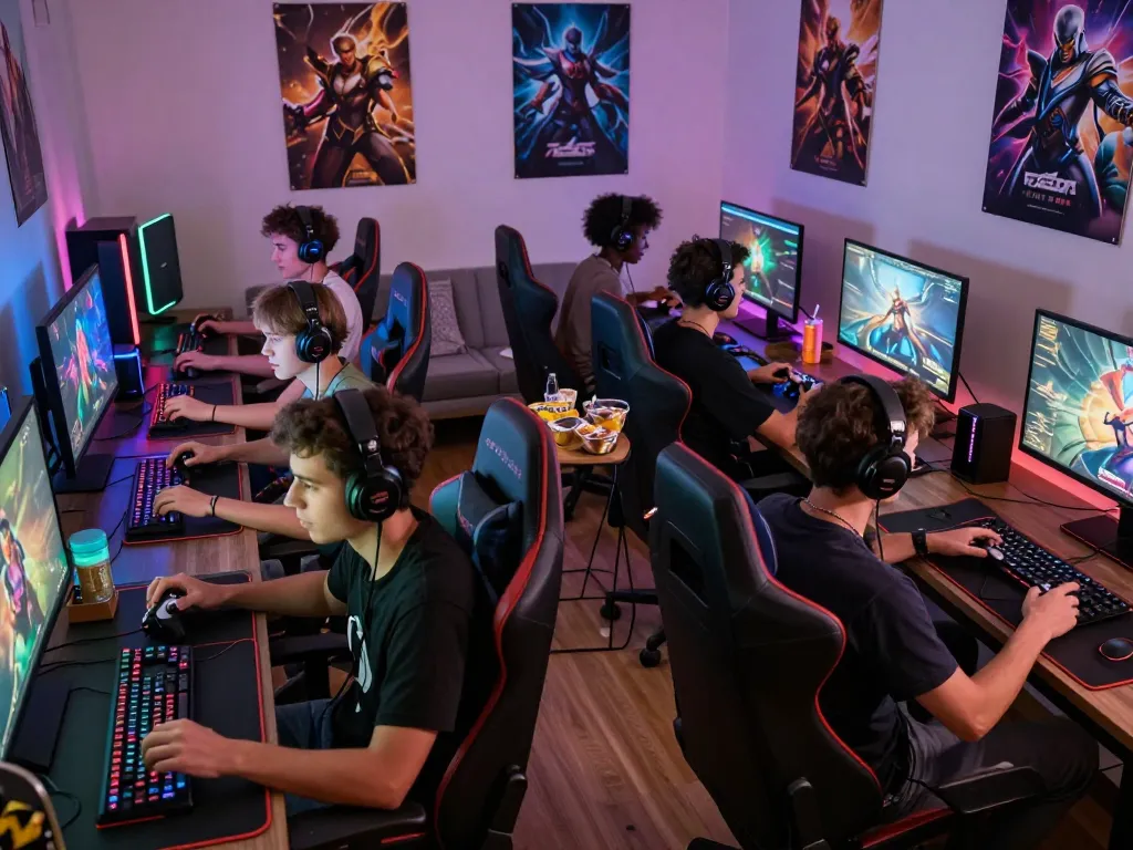 Group of young adults enjoying bomwin gaming experience in vibrant room with monitors and LED lights.