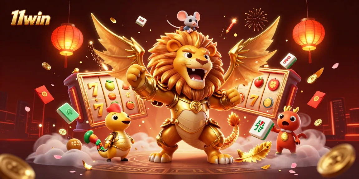 Experience the excitement of 11win with a mythical chimera and vibrant casino elements.