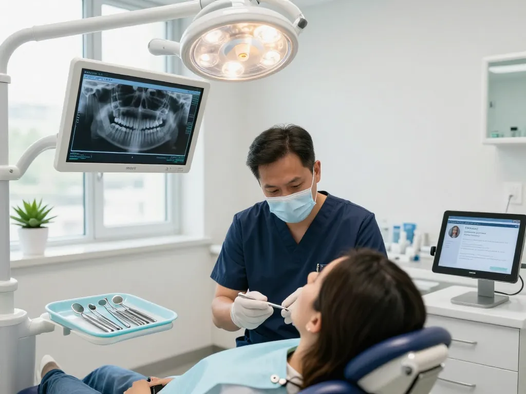 Dentists reviews in a modern clinic with a dental professional examining a patient while tools and technology are showcased.
