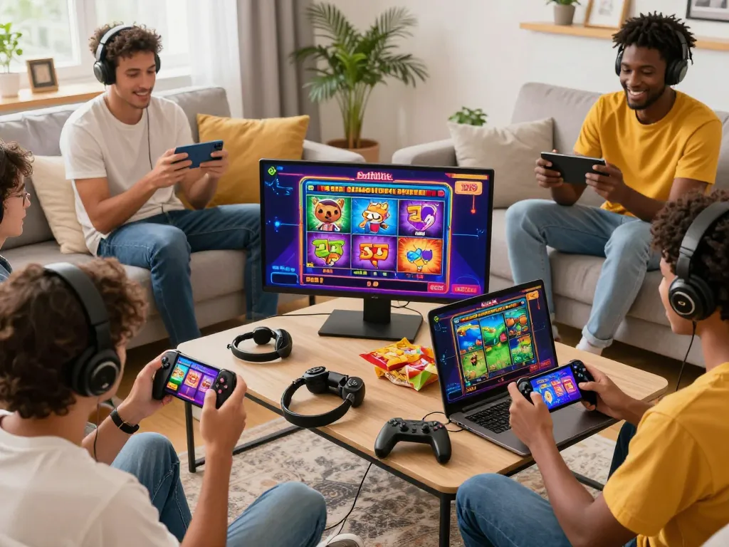 Players engaging with betflik mobile slots in a vibrant gaming environment, showcasing colorful graphics and accessories.