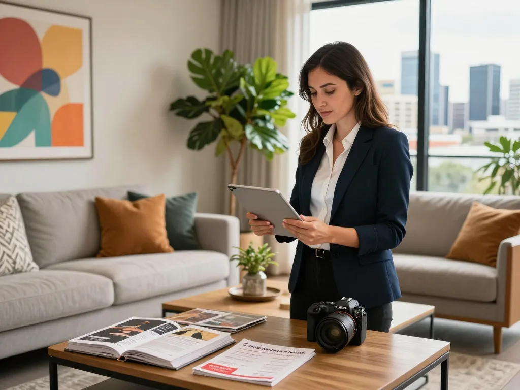 Airbnb management in Perth with a property manager in a stylish apartment reviewing bookings and individualized guest services.