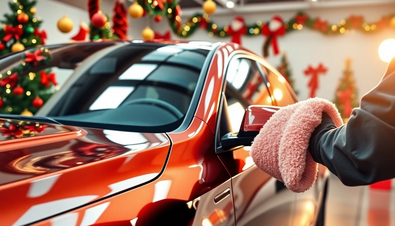 Celebrate the season with a Christmas car detailing gift, showcasing a sparkling vehicle in festive surroundings.