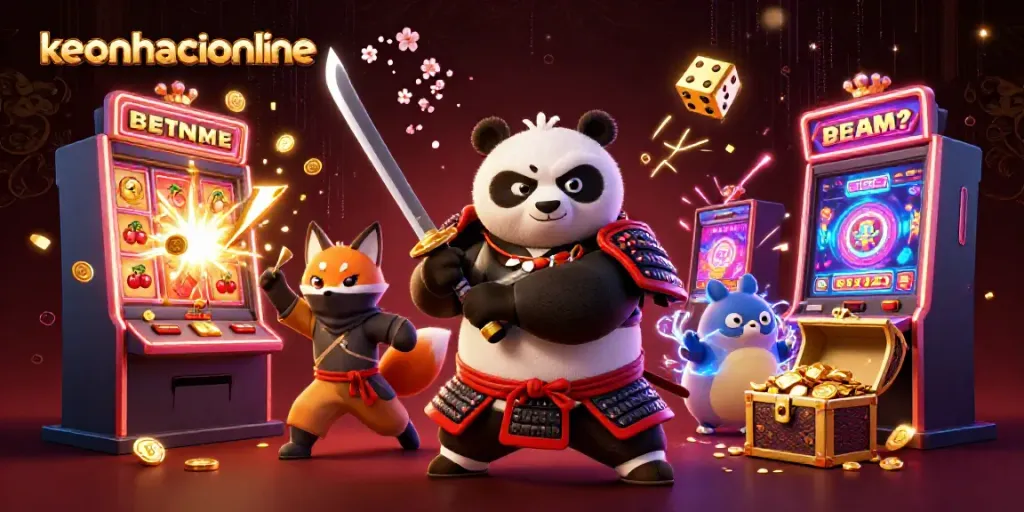 Experience thrilling gameplay at keonhacaionline with a dynamic scene of samurai panda, ninja fox, and magical tanuki amidst a casino explosion.