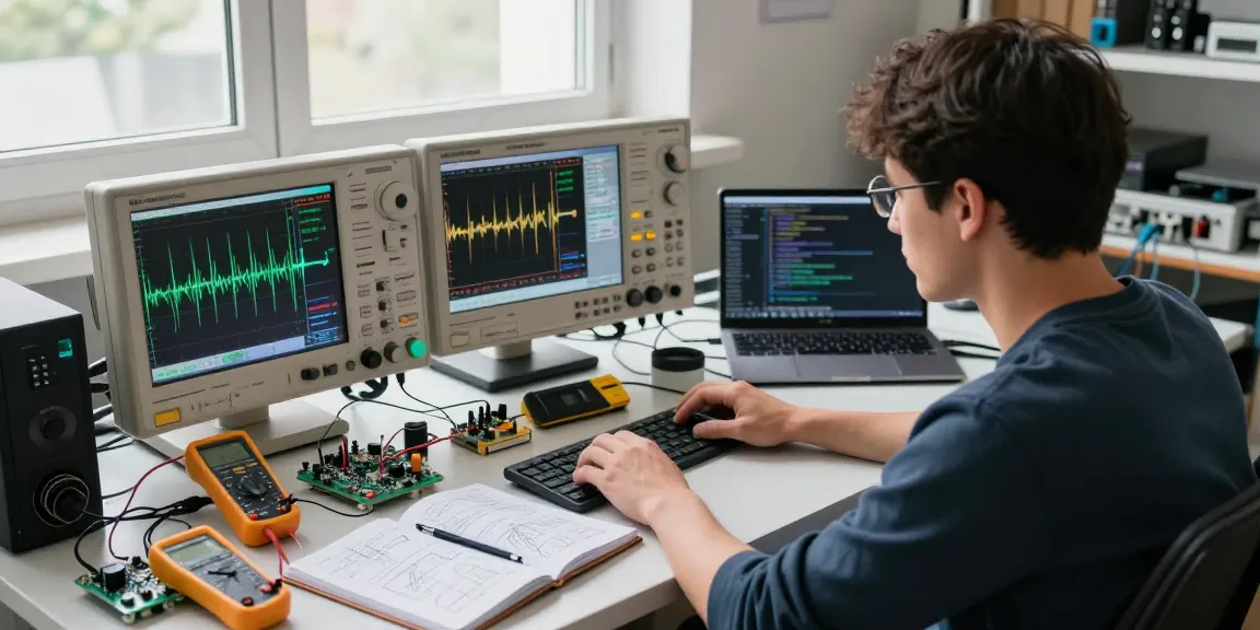 Engineer using a desktop oscilloscope to measure electronic signals in a modern tech workspace.
