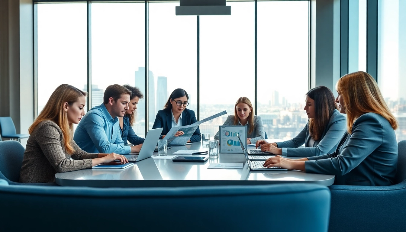 Quickplus Business Consultants strategizing in a modern office space with a city skyline view.